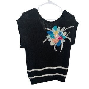 Knit Knacks Sweater Women's XS Black Floral Pullover Vintage Short Sleeve